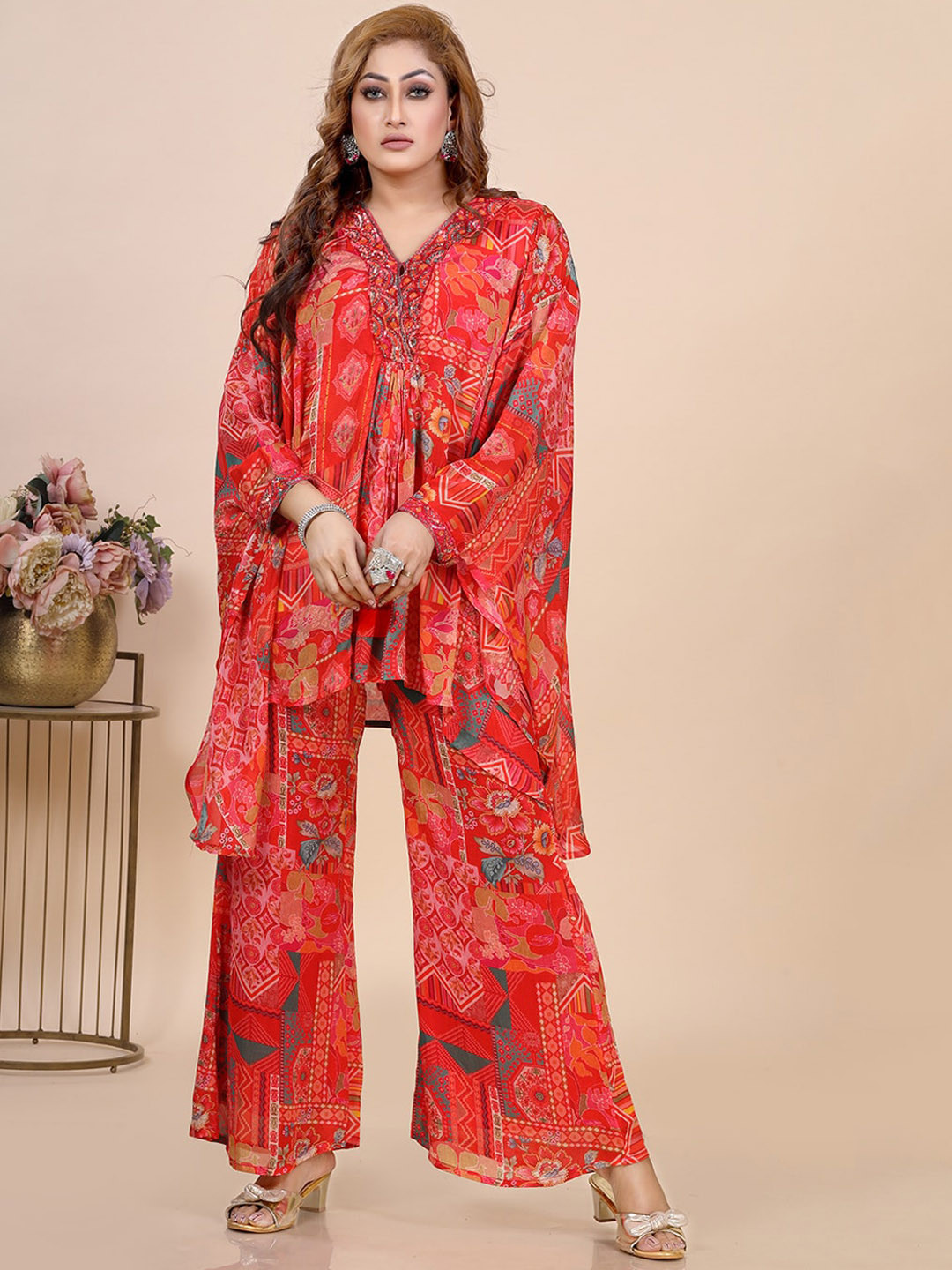 

Amchoor Floral Printed Kaftan Top with Palazzos, Orange