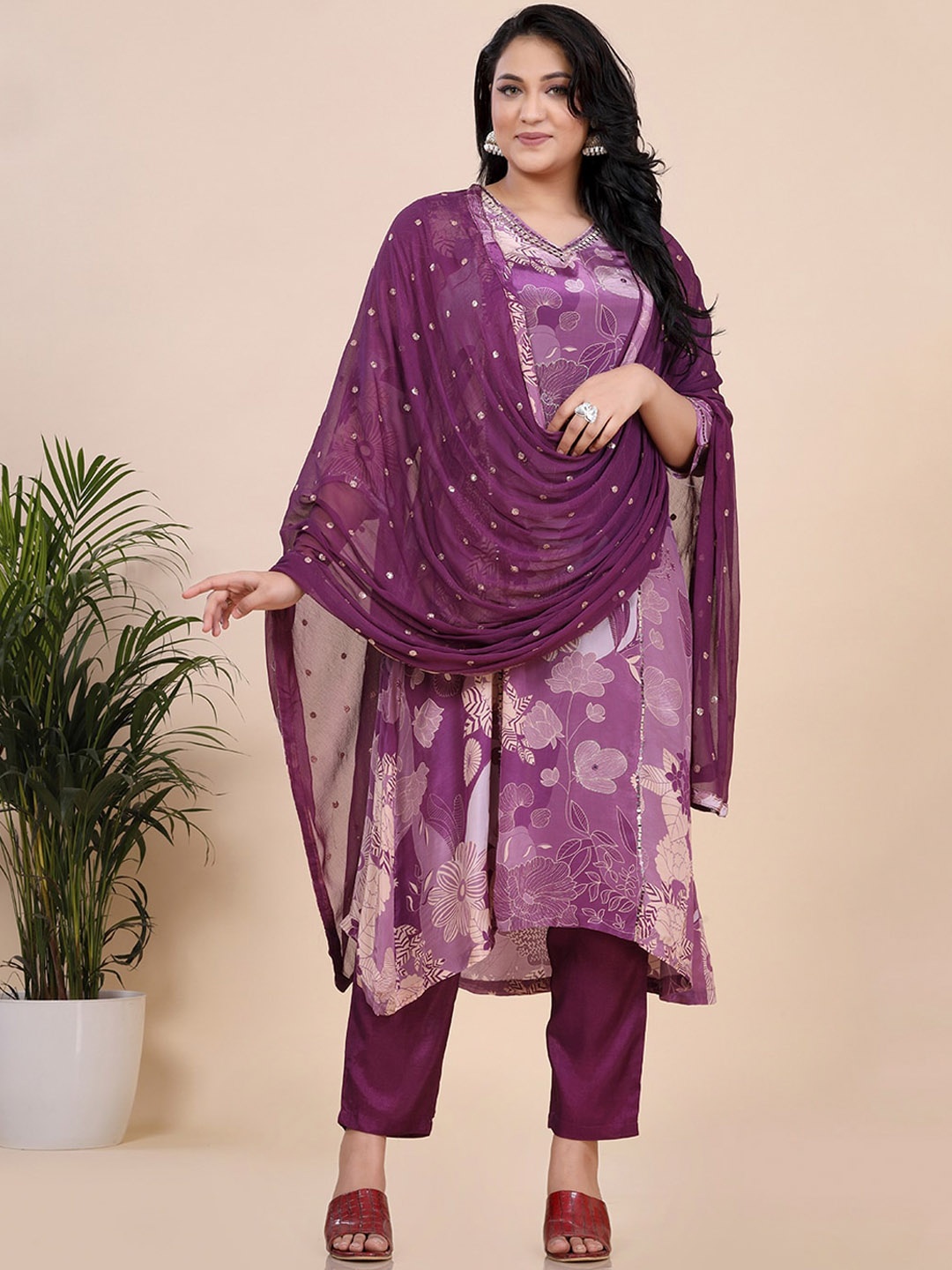 

Amchoor Women Floral Printed Mirror Work V-Neck Kurta with Trouser & Dupatta, Lavender