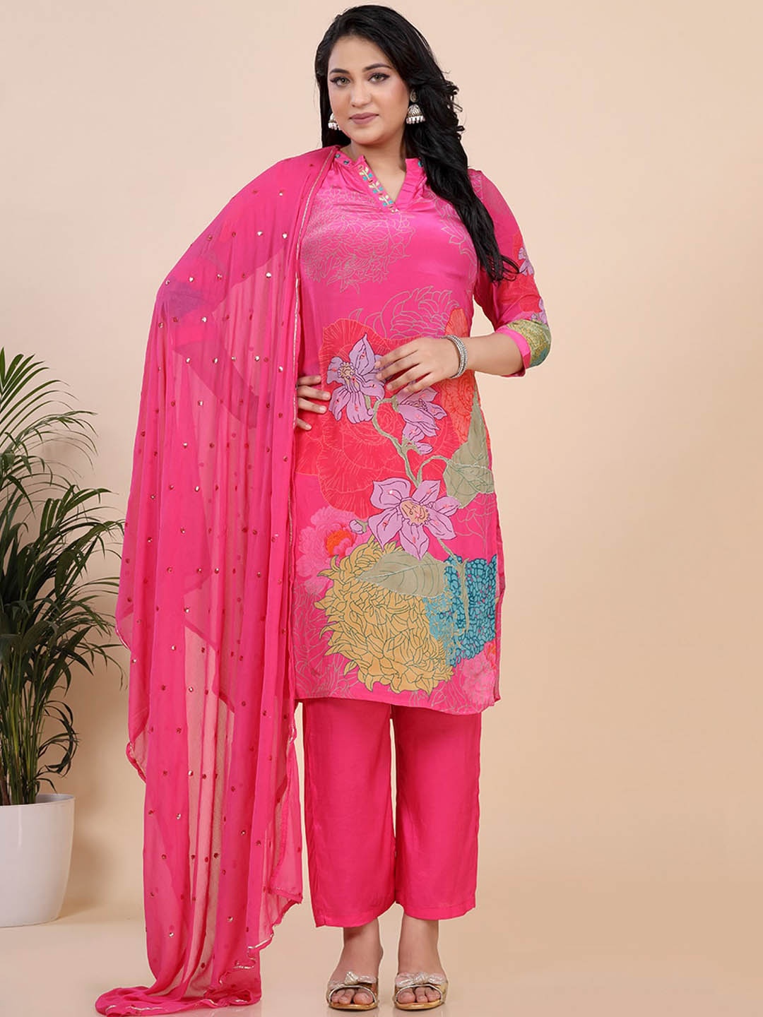

Amchoor Women Floral Printed V-Neck Thread Work Kurta with Trouser & Dupatta, Pink