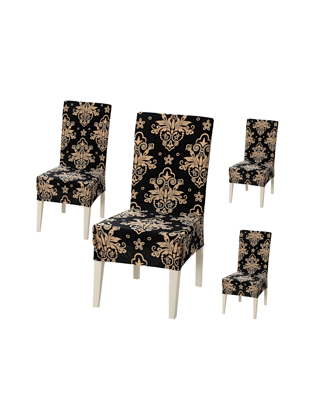 

DECOR VATIKA Black & Gold Toned 4 Pieces Printed Soft & Elastic Chair Covers