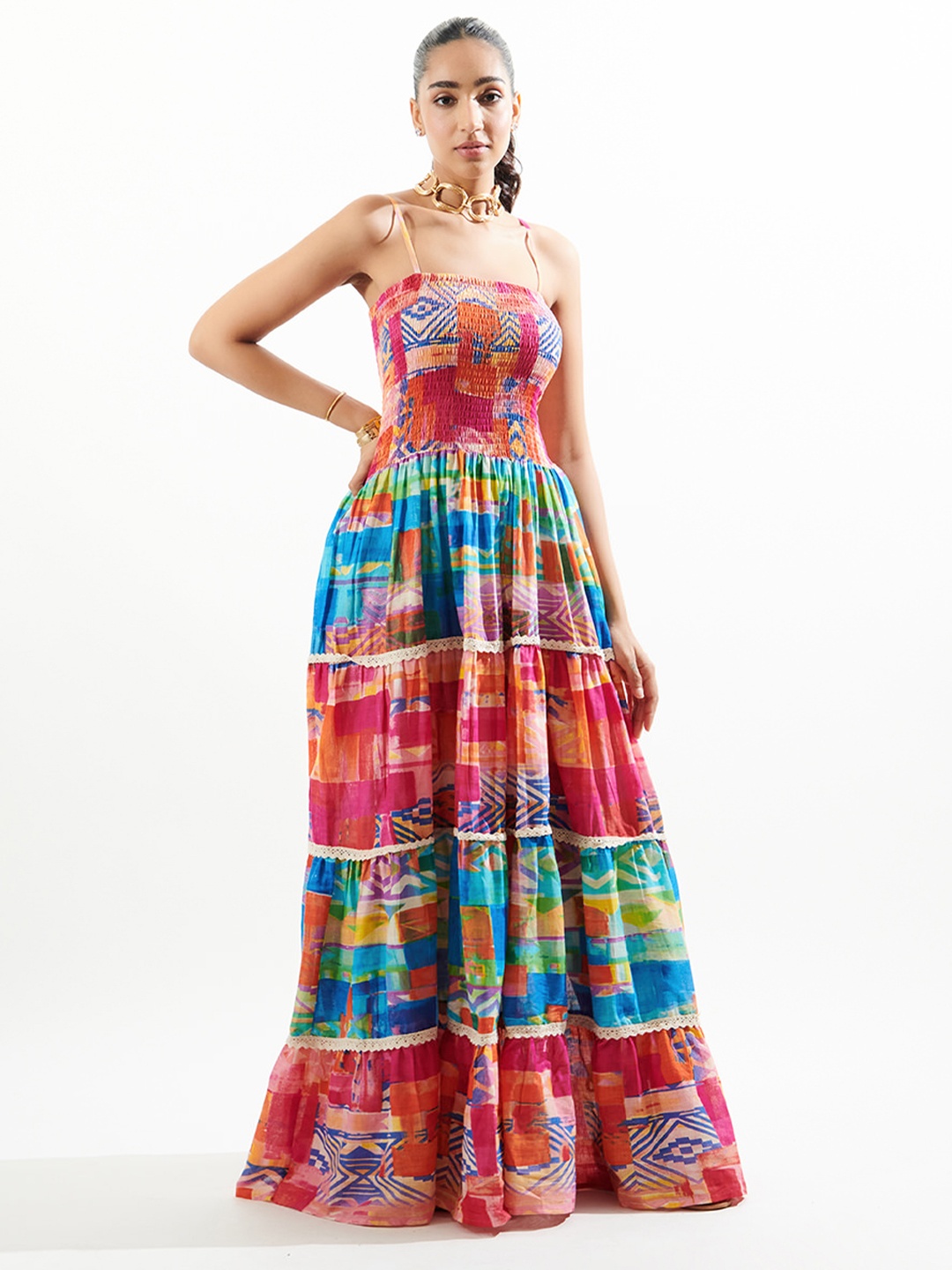 

CIN CIN Geometric Print Sleeveless Smocked Cotton Maxi Dress, Red