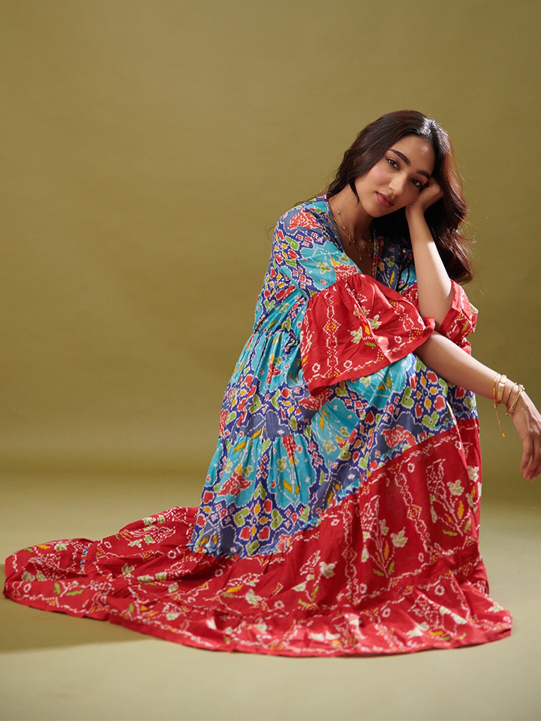 

CIN CIN Women Ethnic Motifs Print A-Line Maxi Dress, Turquoise blue