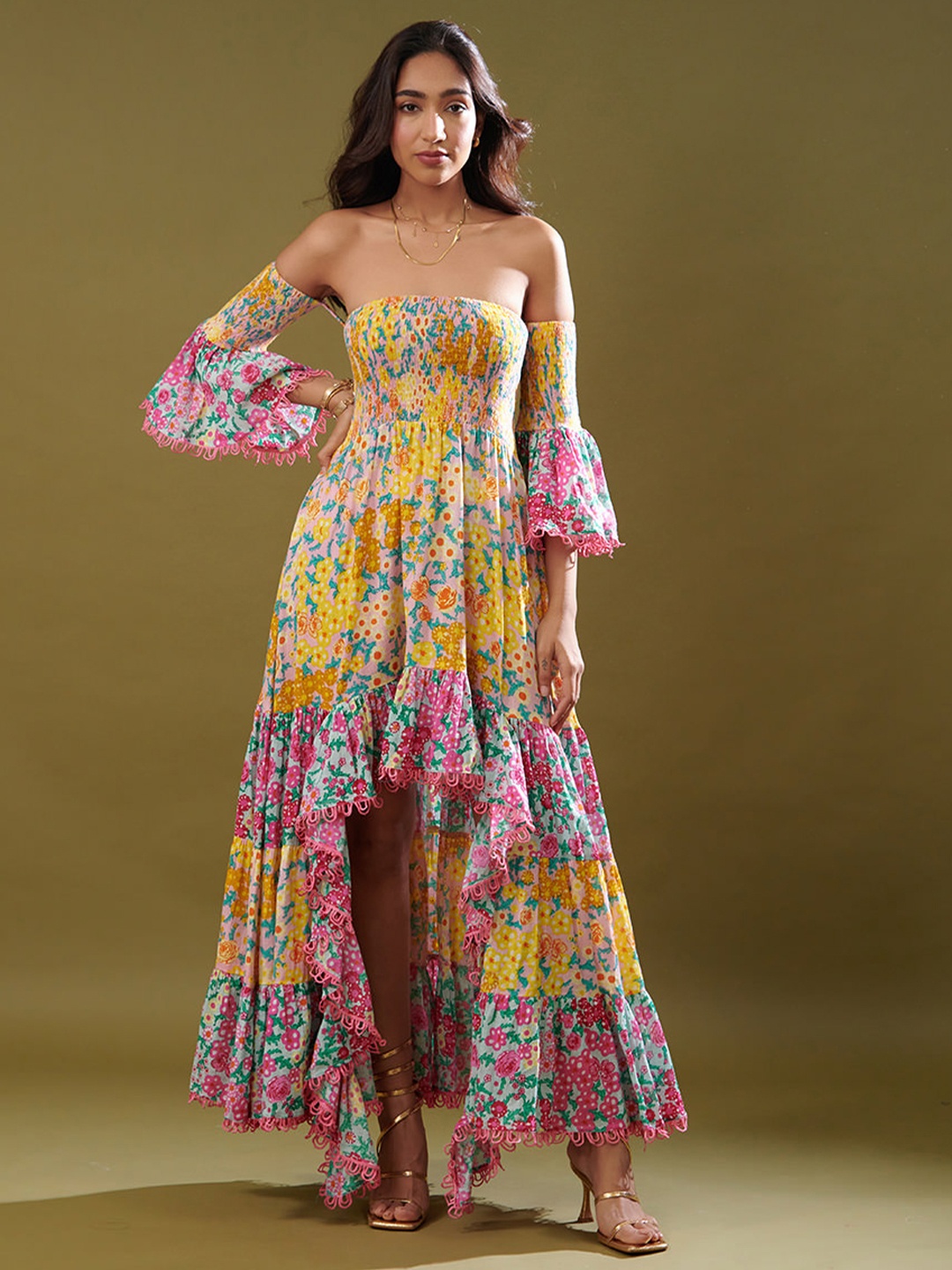 

CIN CIN Floral Print Off-Shoulder Bell Sleeve A-Line Maxi Dress, Yellow