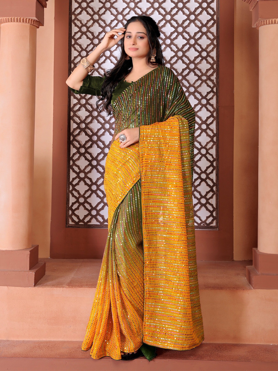 

DDRS FASHION Embellished Sequinned Pure Georgette Saree, Green