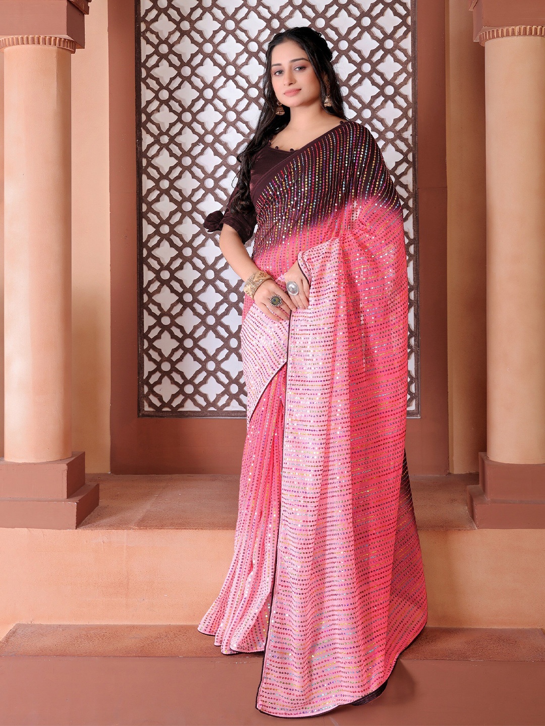 

DDRS FASHION Embellished Sequinned Pure Georgette Saree, Pink