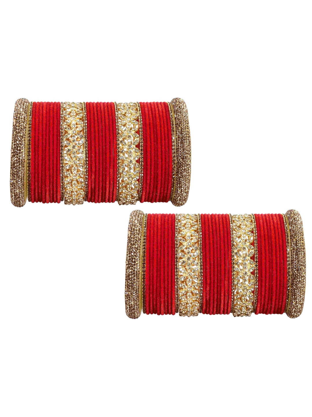 

LAVAZZA Set of 68 Zircon-Studded Metal Velvet Bangles Chuda Set, Red