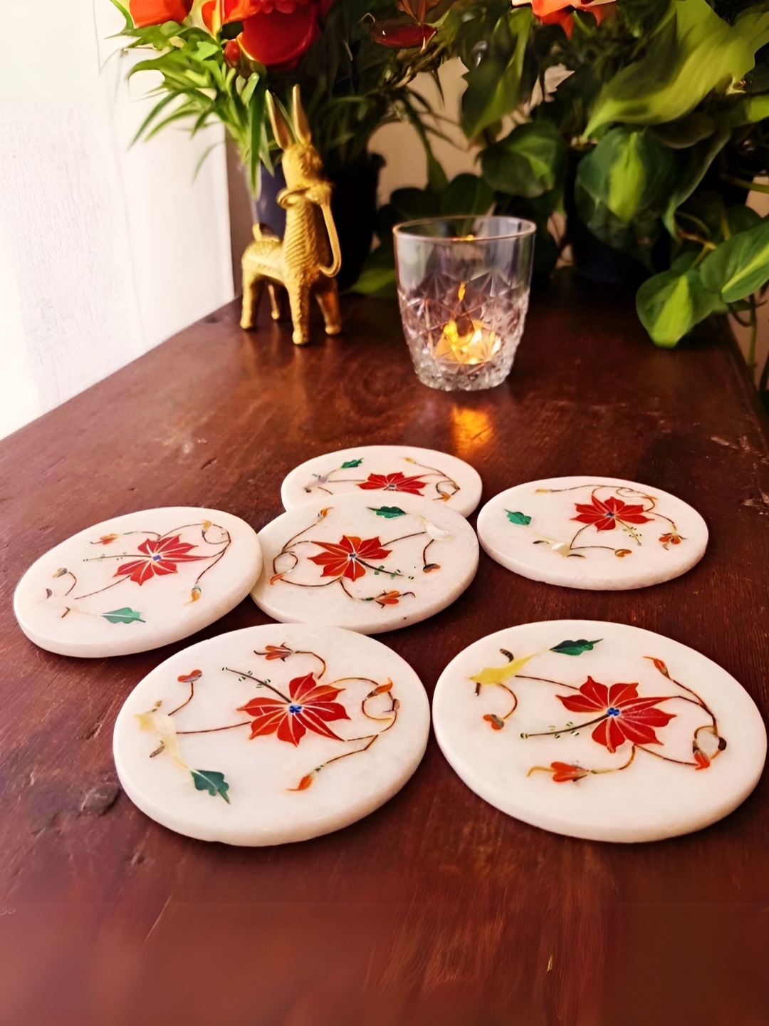 

Peepul Tree White & Red 6 Pieces Floral Printed Round Marble Coasters