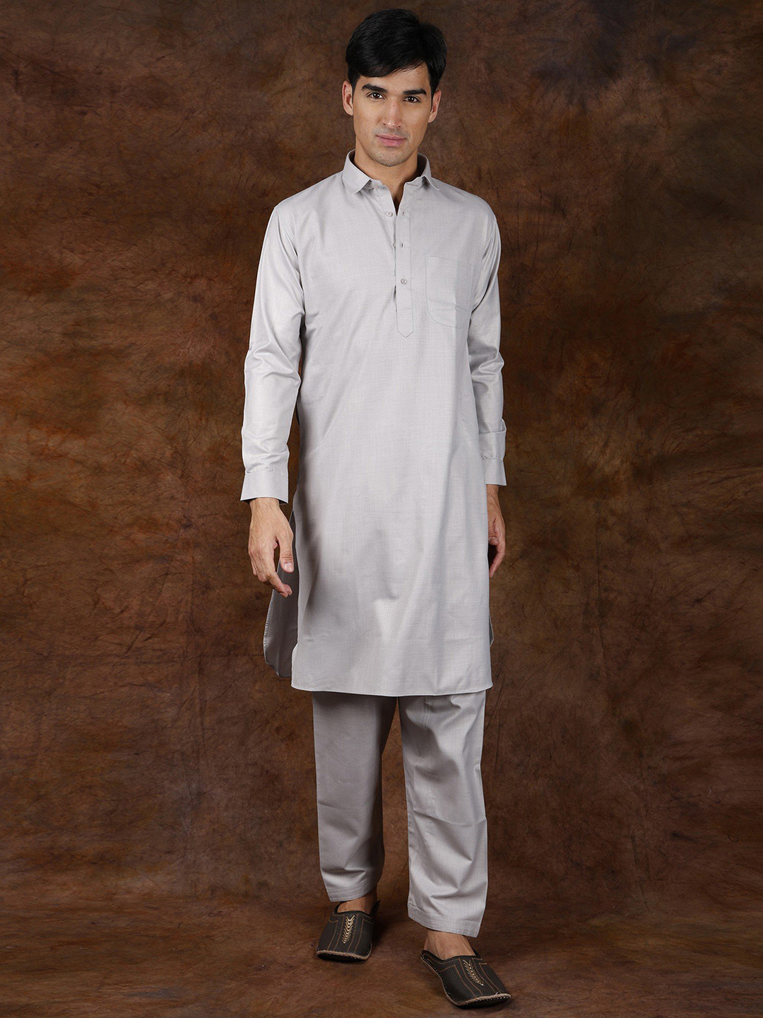 

Exotic India Mirage Gray Plain Pure Cotton Pathani Kurta Pajama Set with Front Pocket, Grey
