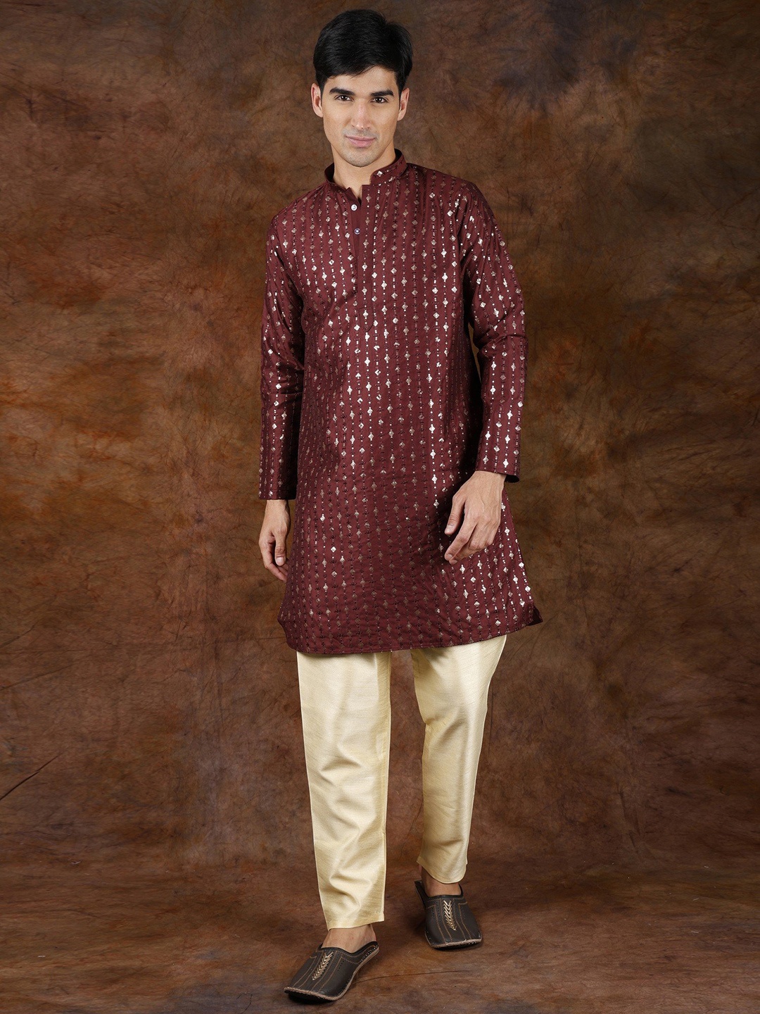 

Exotic India Madder Brown Sequins Embroidered Wedding Kurta with Cream Pajama