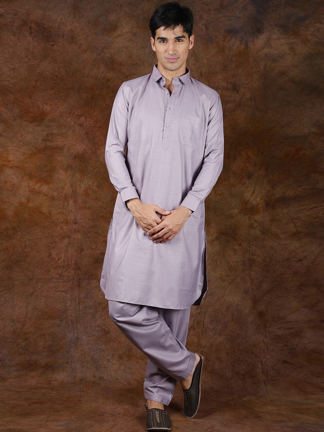 

Exotic India Lavender Blue Plain Pure Cotton Pathani Kurta Pajama Set with Front Pocket