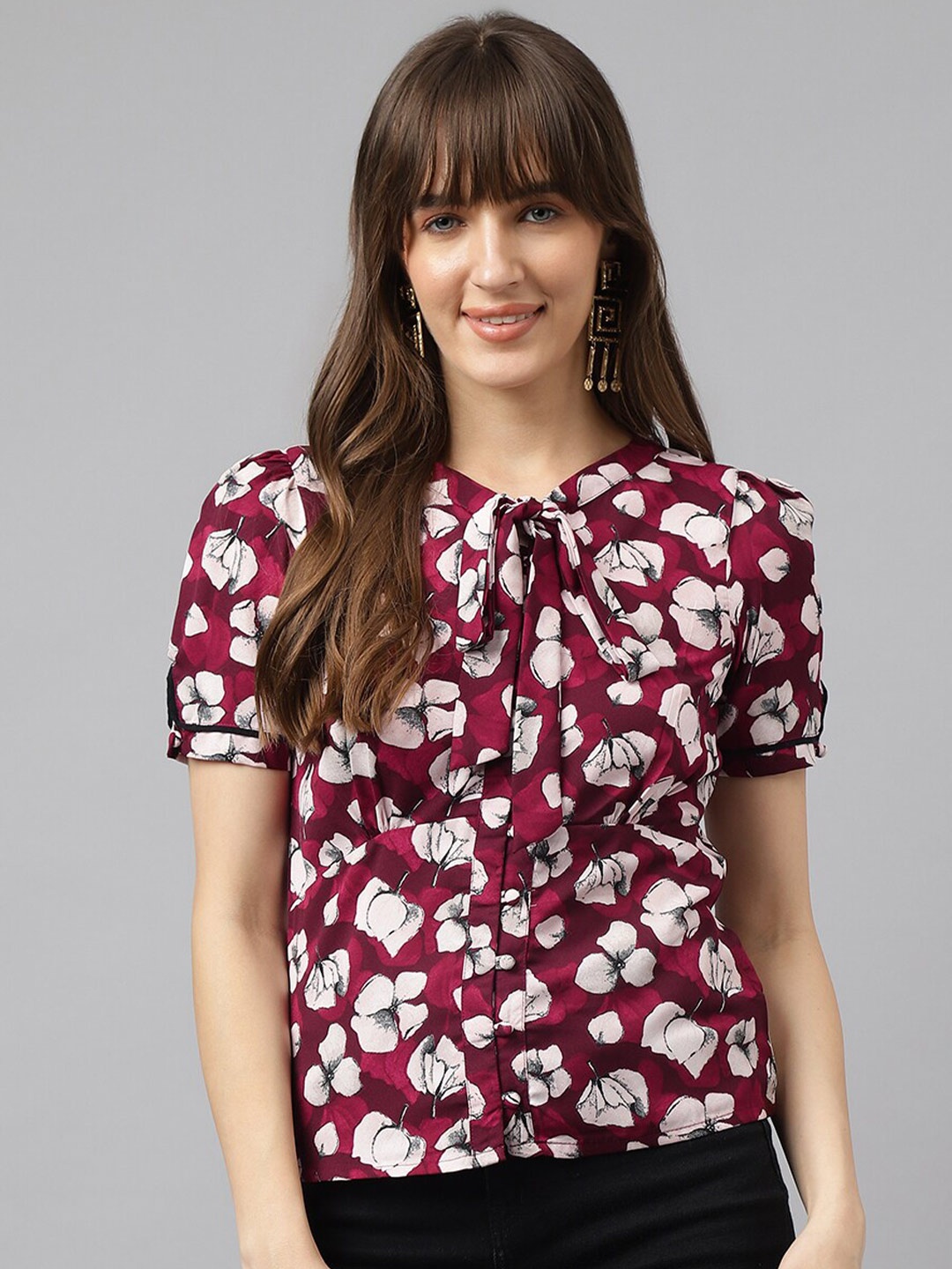 

Latin Quarters Floral Print Tie-Up Neck Top, Maroon