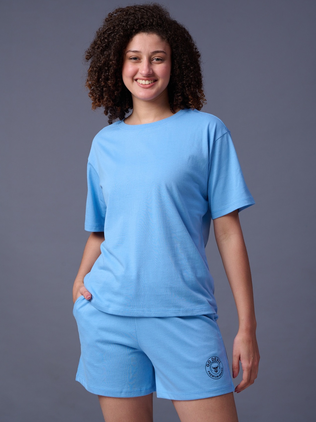 

GO DEVIL Pure Cotton T-shirt With Shorts Co-Ords, Turquoise blue