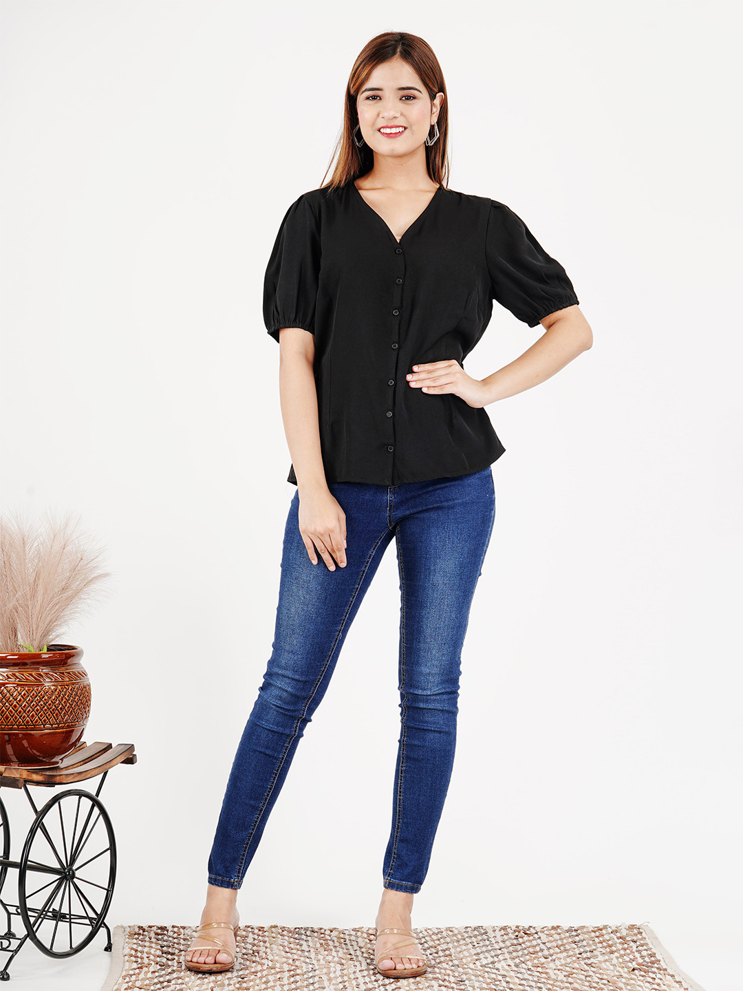 

Kh Enterprise Mandarin Collar Cotton Shirt Style Top, Black
