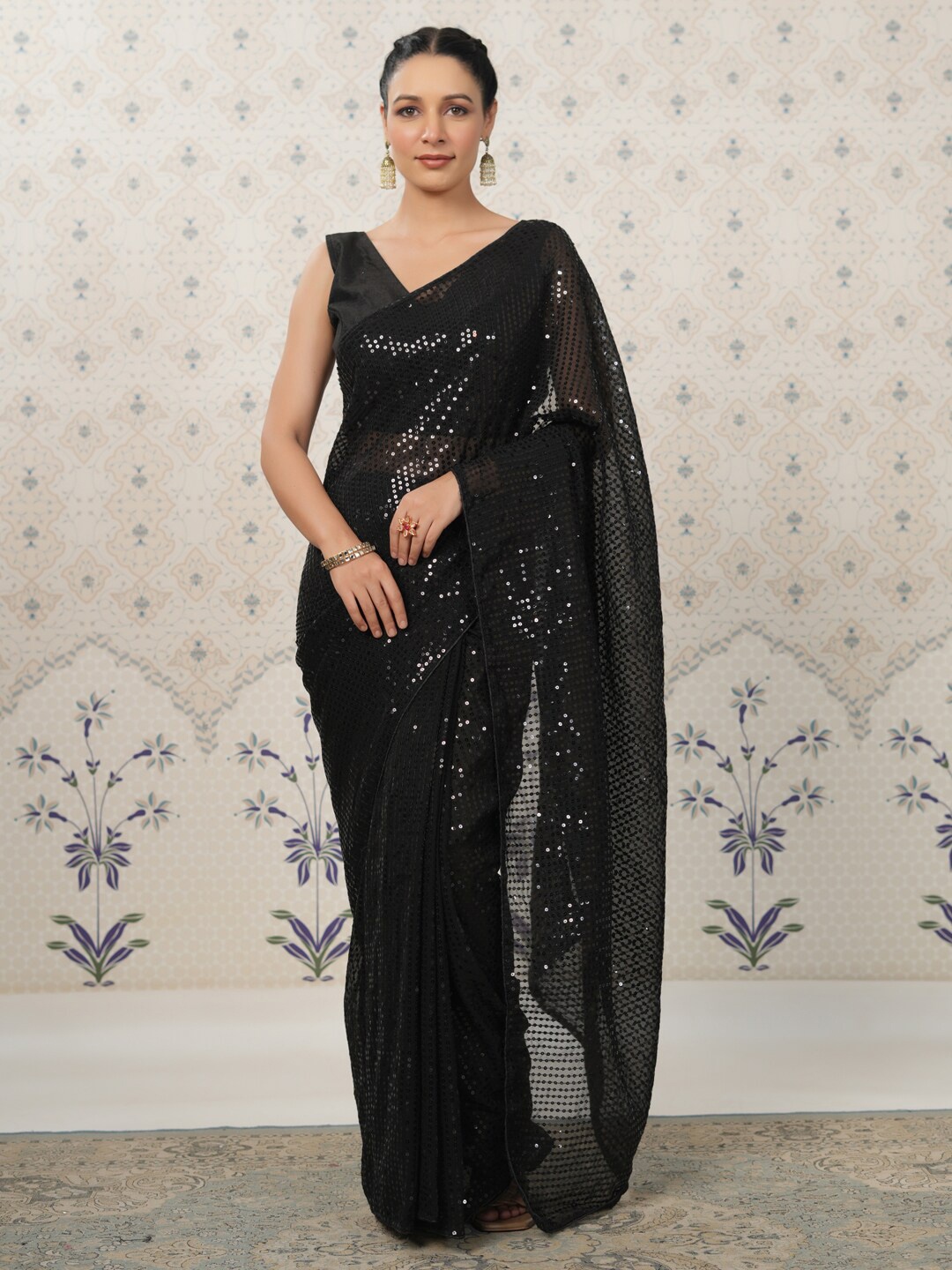 

Ode by House of Pataudi Embellished Sequinned Pure Georgette Heavy Work Saree, Black