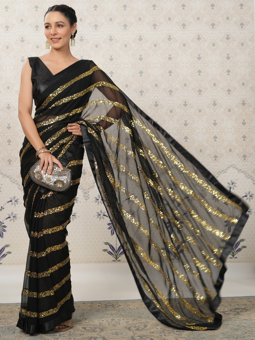 

Ode by House of Pataudi Embellished Sequinned Pure Georgette Heavy Work Saree, Black