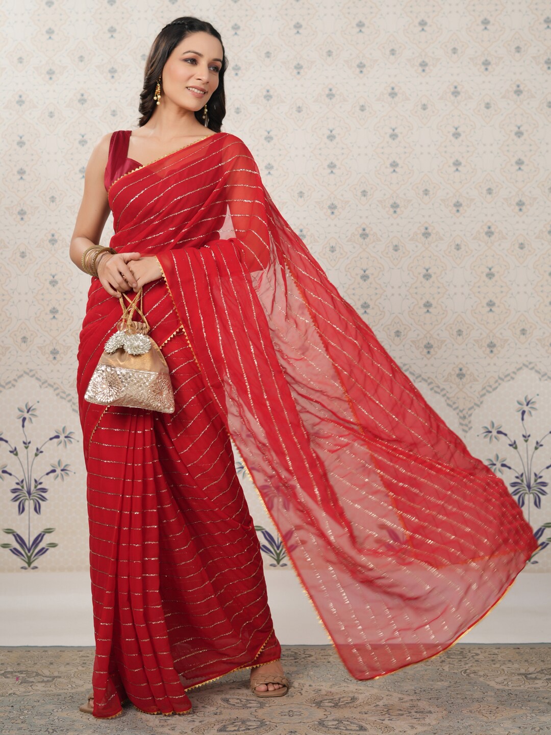 

Ode by House of Pataudi Striped Aari Work Pure Georgette Heavy Work Saree, Red