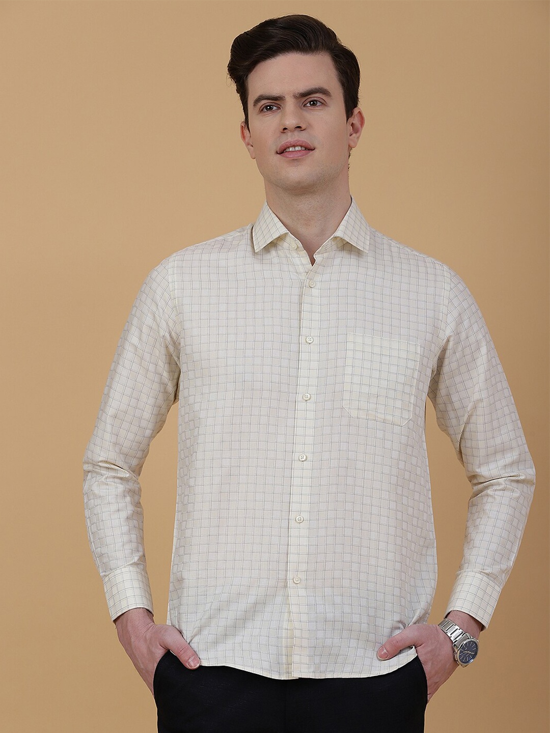 

Greenfibre Men Slim Fit Grid Tattersall Checks Opaque Checked Formal Shirt, Yellow