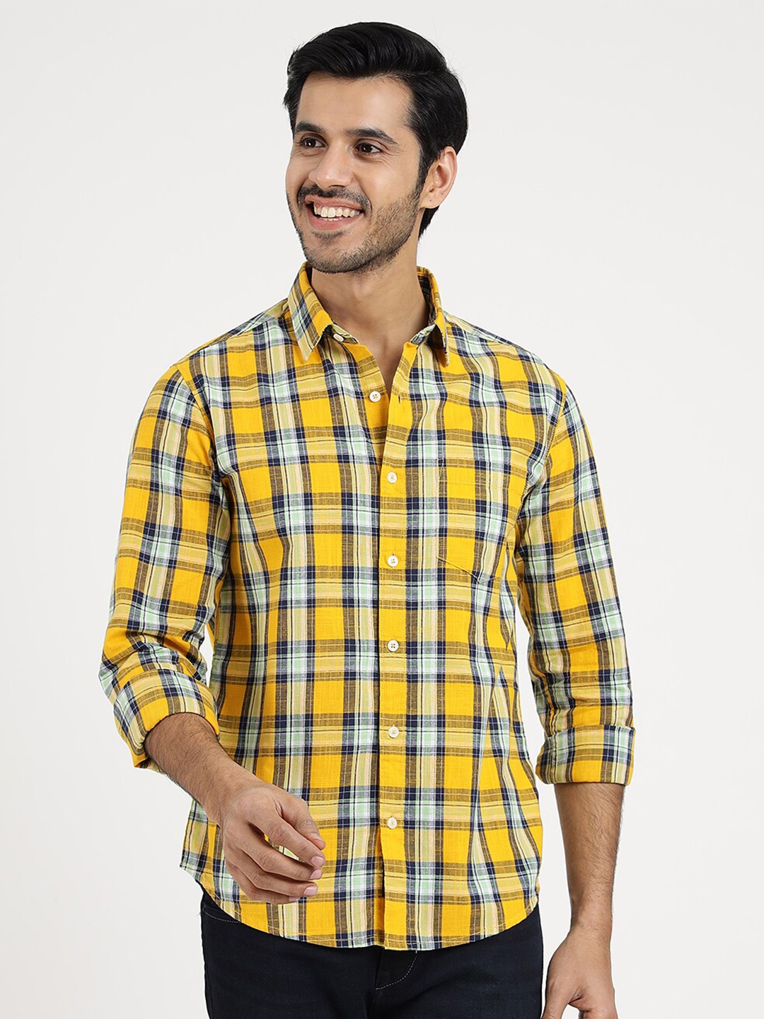 

Greenfibre Men Slim Fit Tartan Checks Opaque Checked Casual Shirt, Yellow