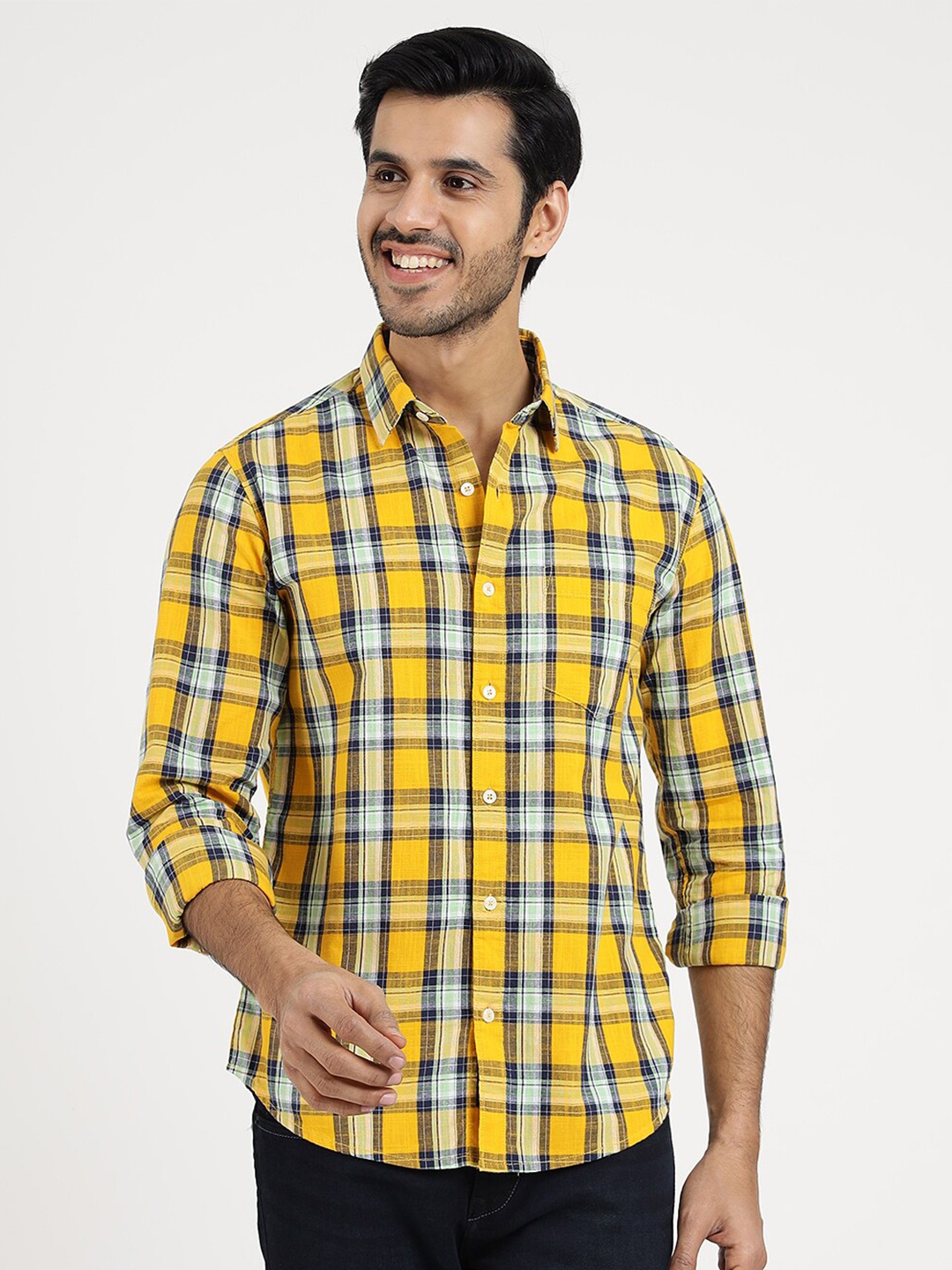 

Greenfibre Men Slim Fit Tartan Checks Opaque Checked Casual Shirt, Yellow