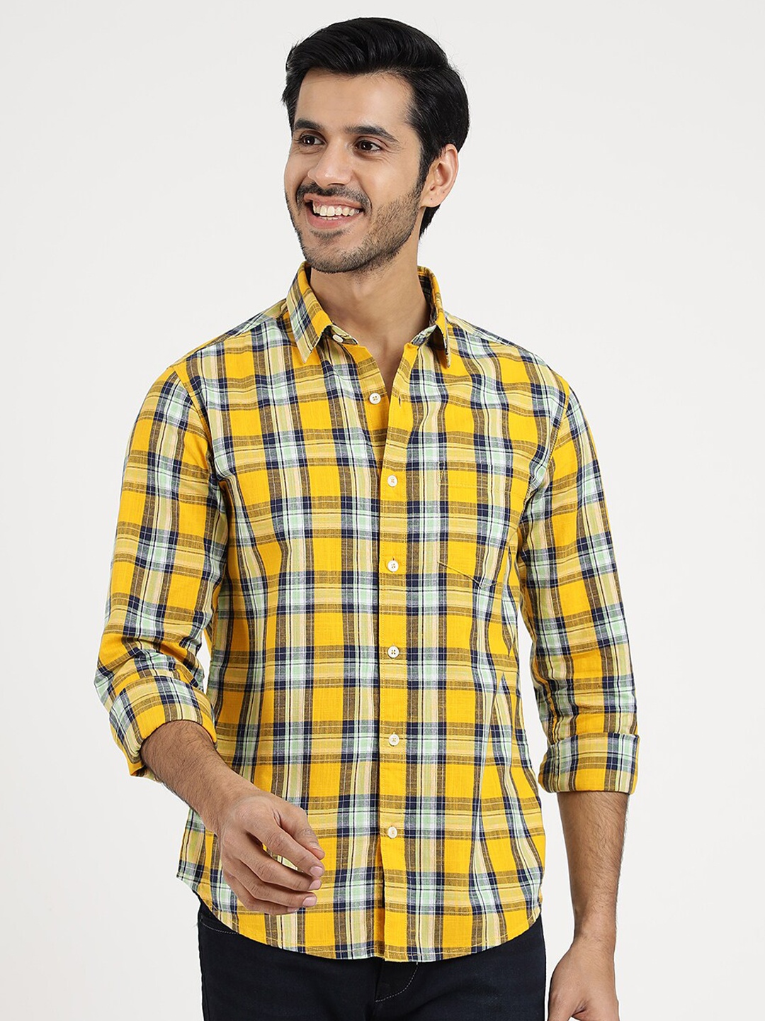 

Greenfibre Men Slim Fit Tartan Checks Opaque Checked Casual Shirt, Yellow