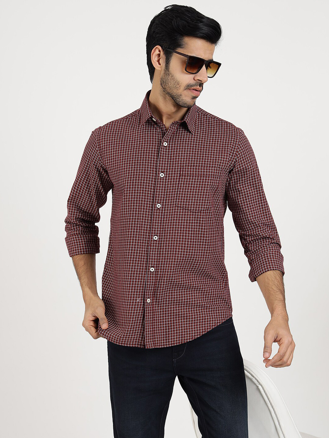 

Greenfibre Men Gingham Checked Print Opaque Casual Shirt, Brown