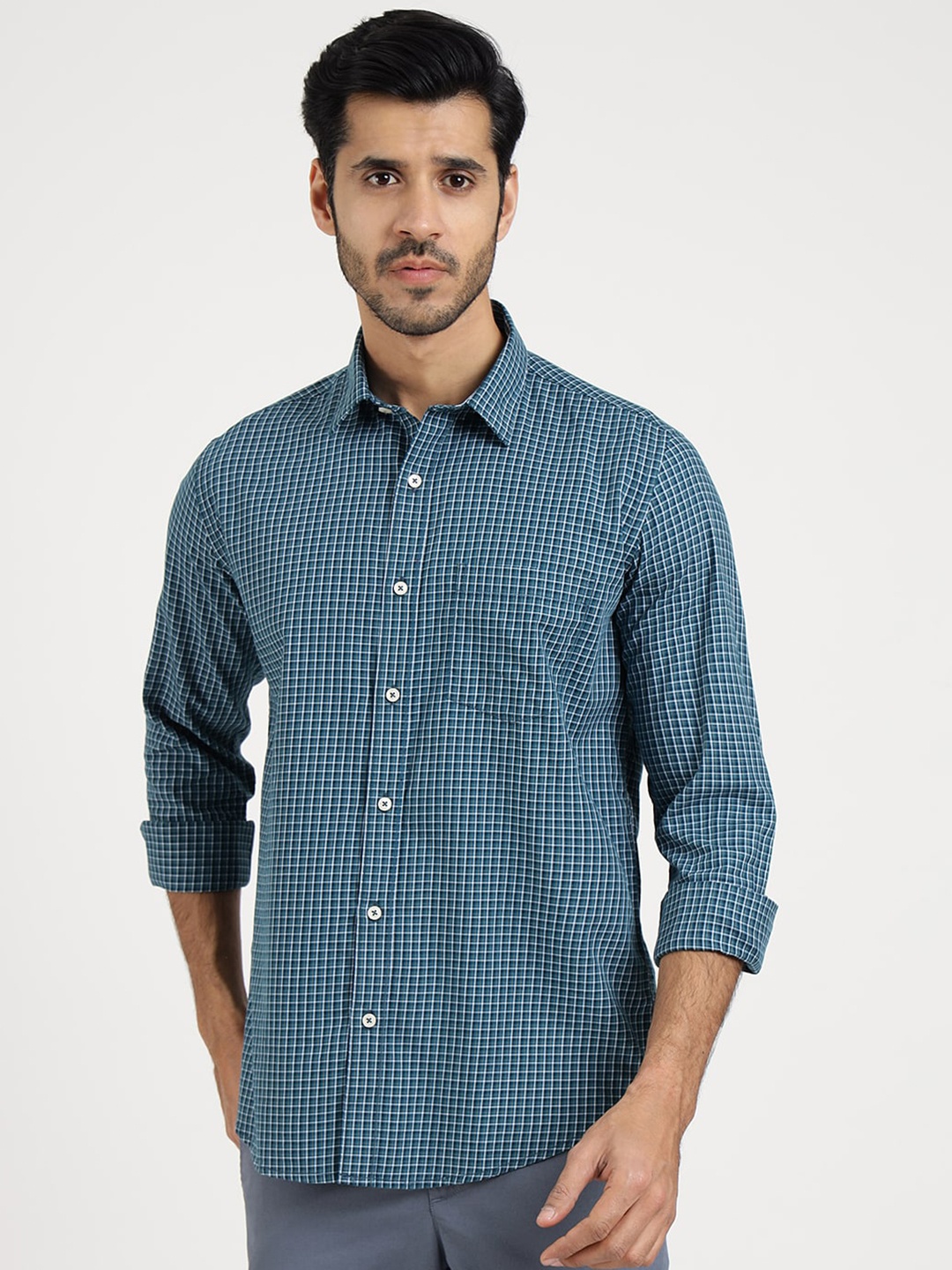 

Greenfibre Men Checked Print Opaque Casual Shirt, Blue