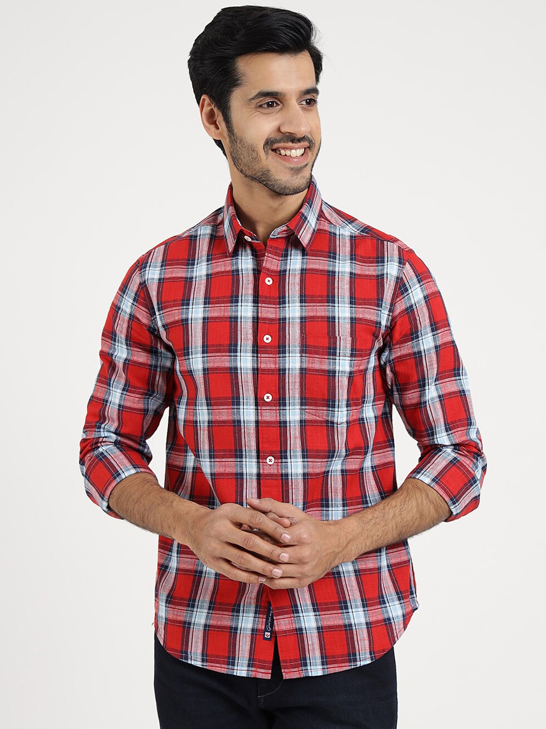 

Greenfibre Men Checked Printed Slim Fit Opaque Casual Shirt, Red