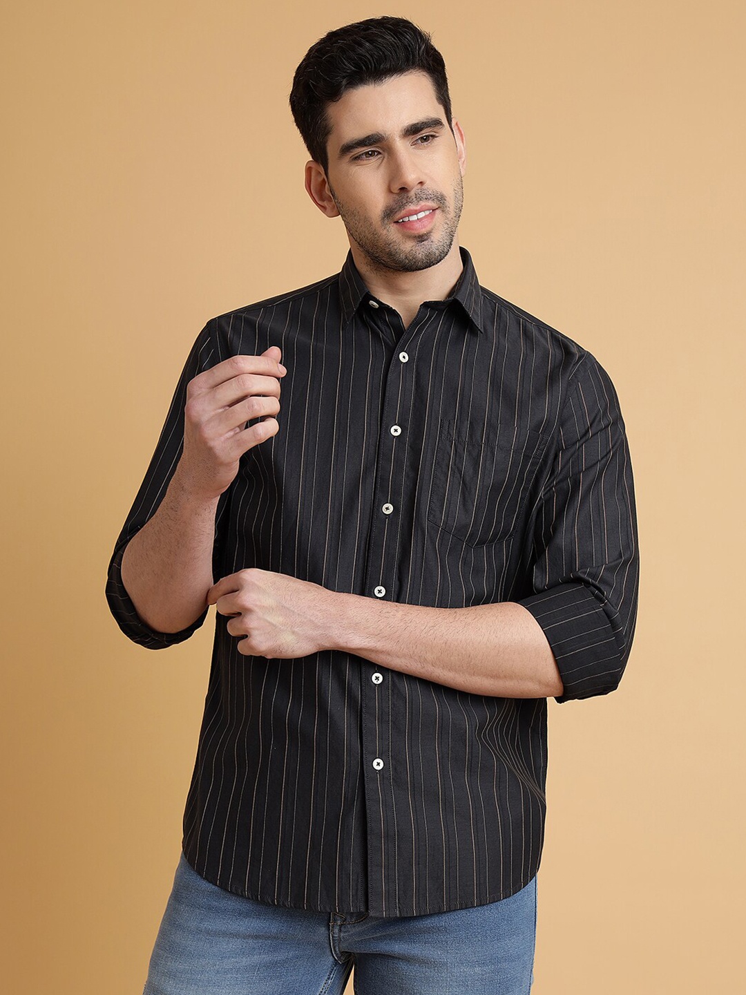 

JADE BLUE Men Slim Fit Opaque Striped Casual Shirt, Grey