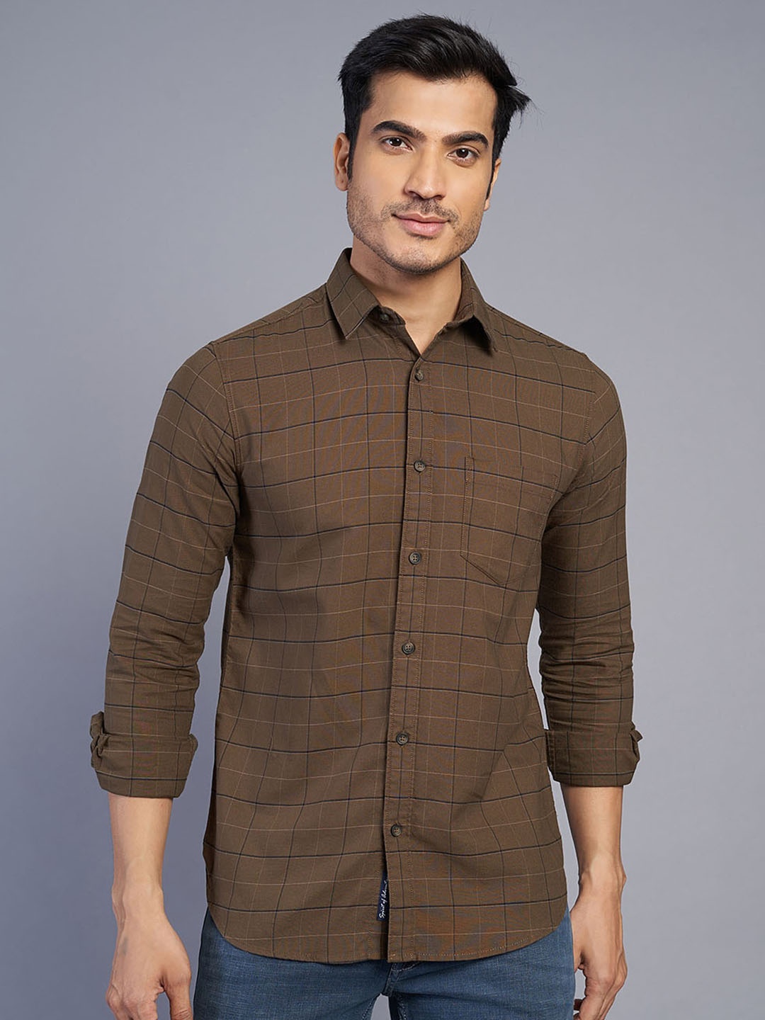 

JADE BLUE Men Slim Fit Opaque Checked Casual Cotton Shirt, Brown