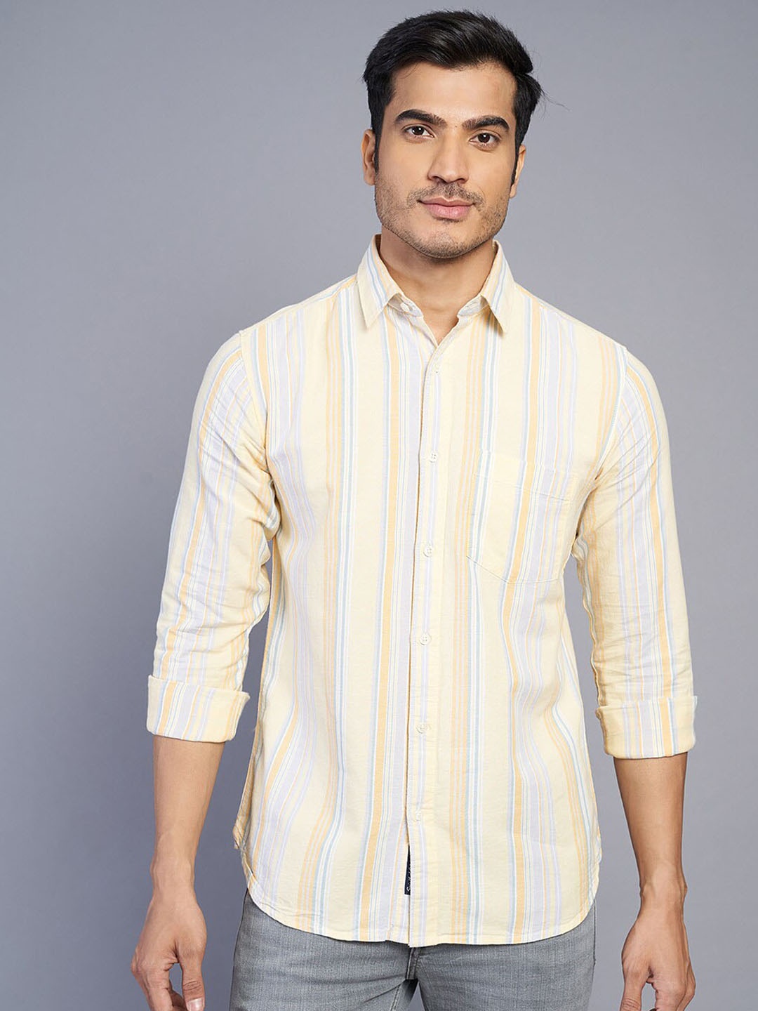 

JADE BLUE Men Slim Fit Opaque Striped Casual Shirt, Yellow