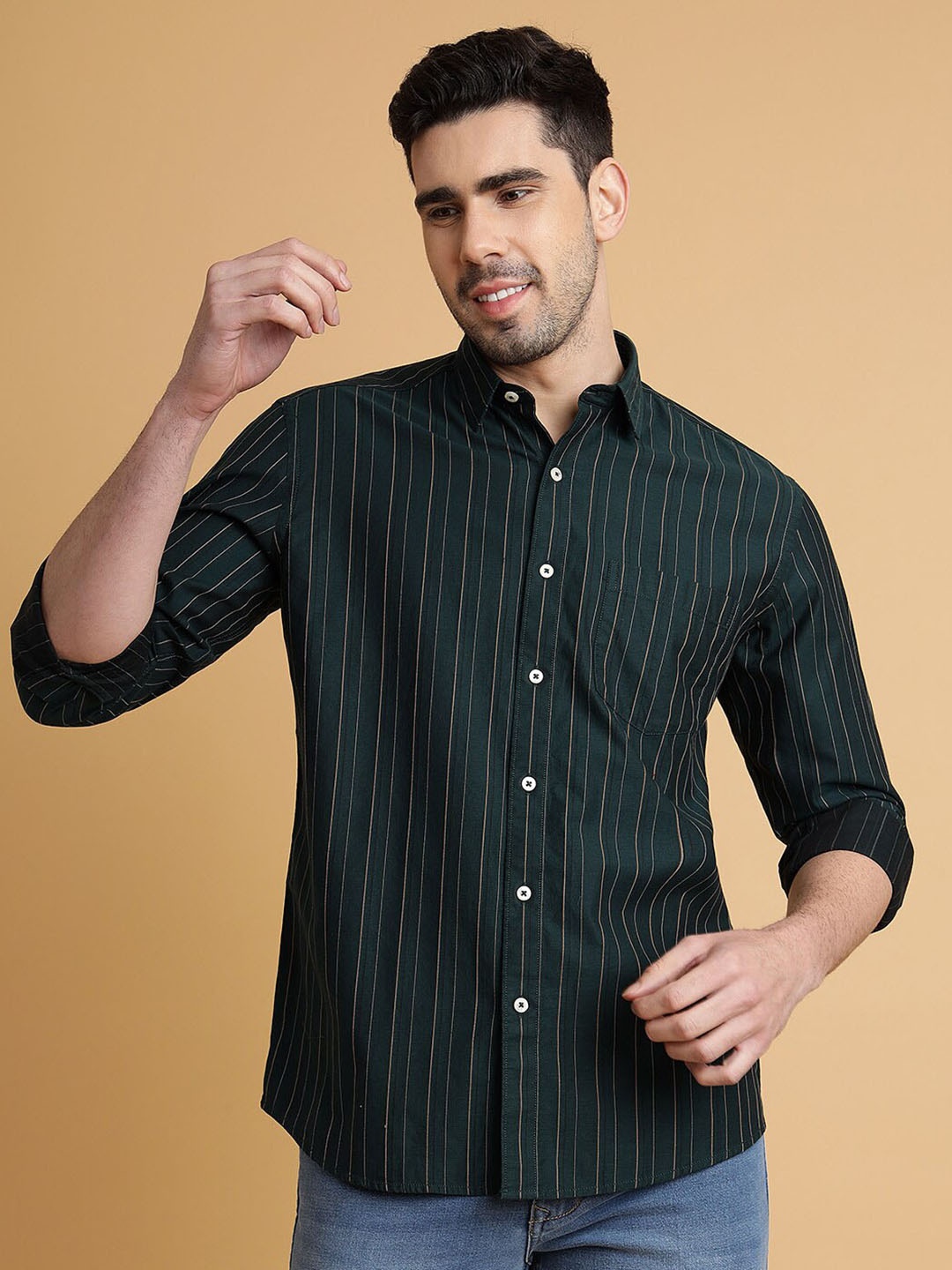 

JADE BLUE Men Slim Fit Opaque Striped Casual Shirt, Green