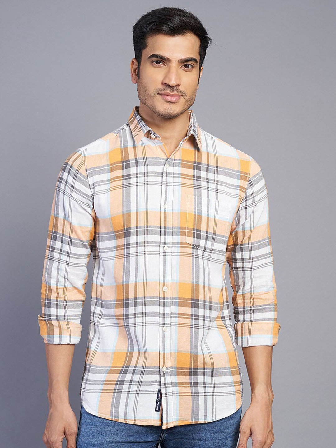 

JADE BLUE Men Slim Fit Tartan Checks Opaque Checked Casual Shirt, Orange