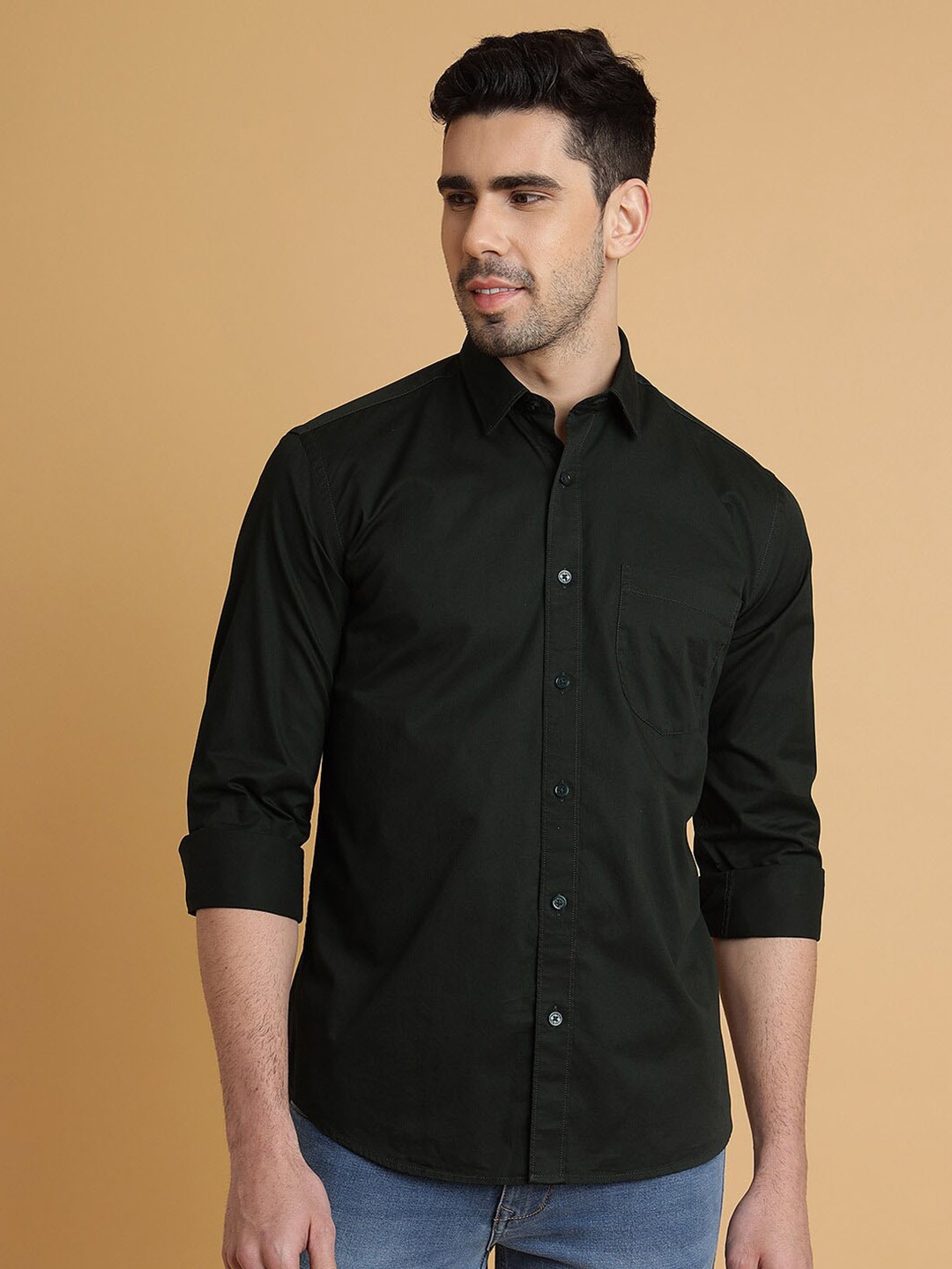 

JADE BLUE Men Slim Fit Micro Checks Opaque Casual Cotton Shirt, Olive