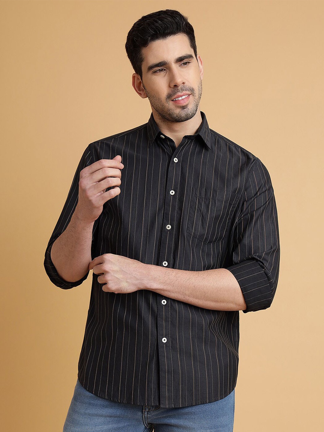 

JADE BLUE Men Slim Fit Opaque Striped Casual Shirt, Grey