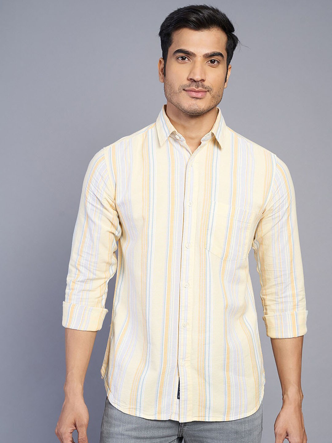 

JADE BLUE Men Slim Fit Opaque Striped Casual Shirt, Yellow