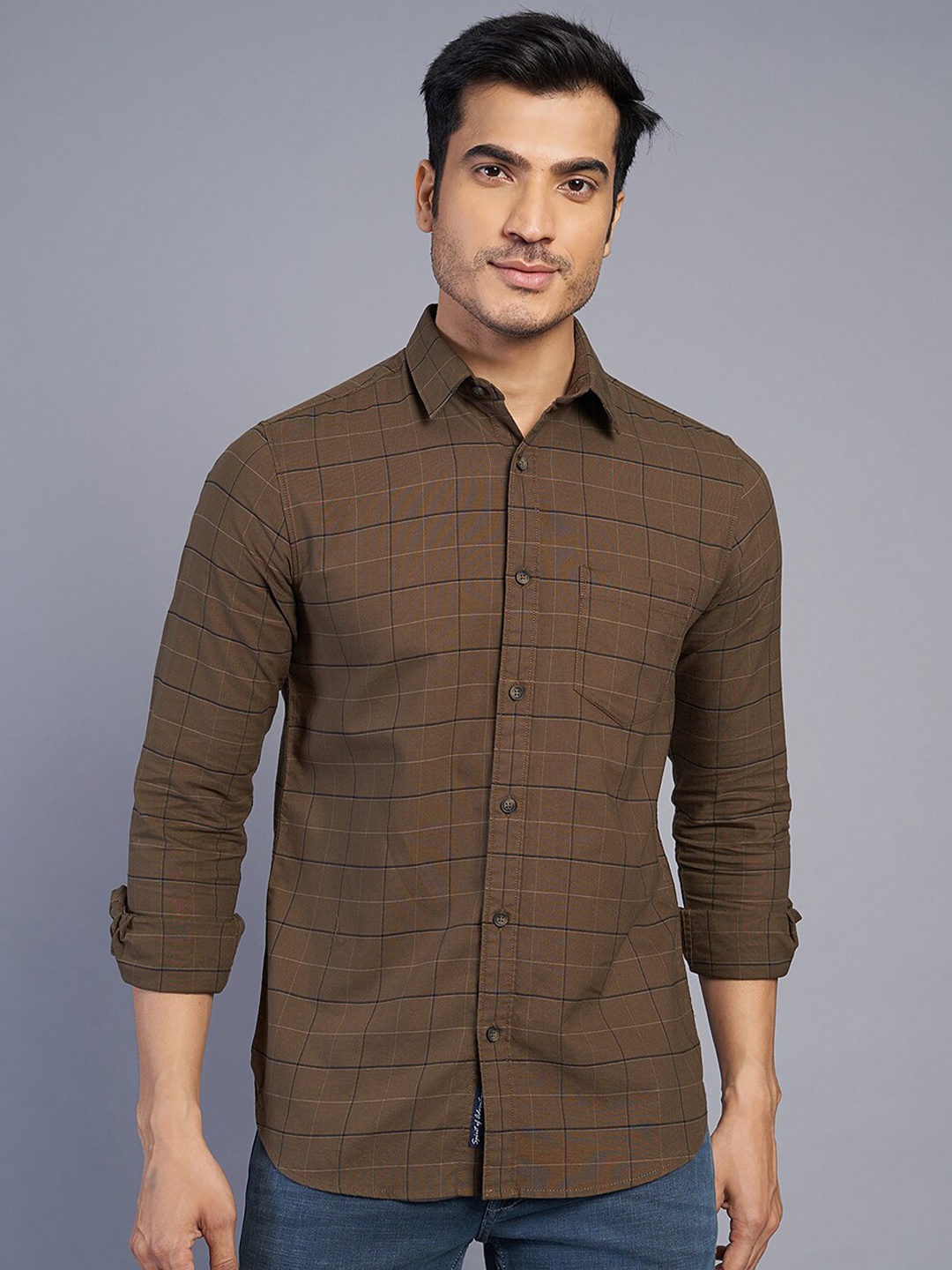 

JADE BLUE Men Slim Fit Opaque Checked Casual Shirt, Brown