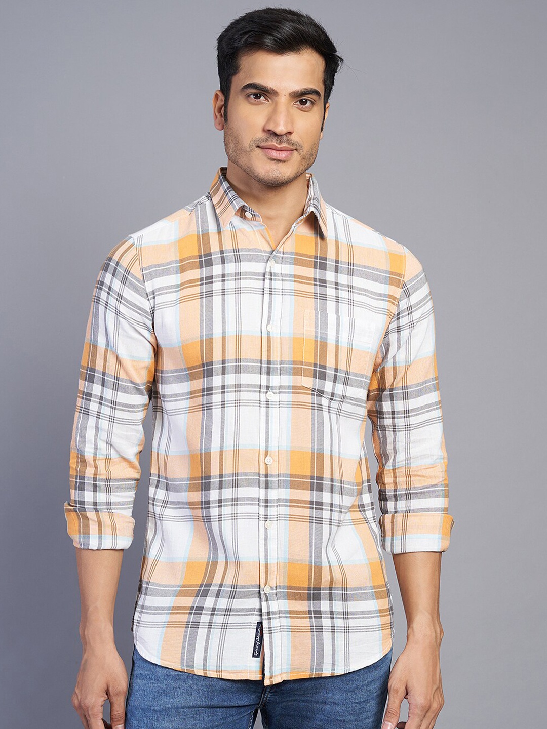 

JADE BLUE Men Slim Fit Tartan Checks Opaque Checked Casual Shirt, Orange