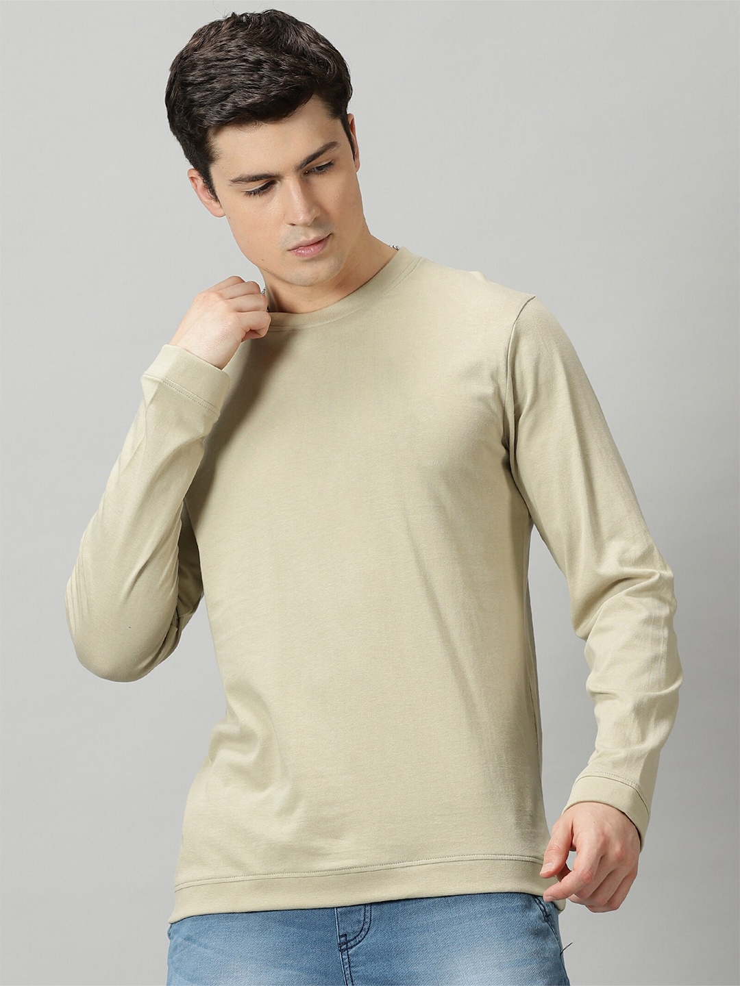 

THE HOLLANDER Round Neck Pure Cotton Long Sleeve Solid T-shirt, Beige