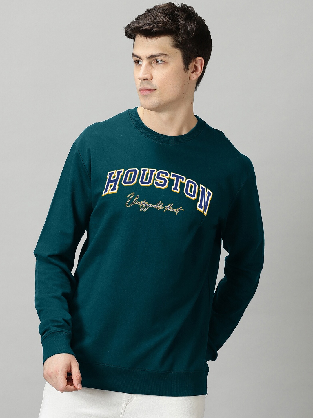 

THE HOLLANDER Typography Printed Round Neck Pure Cotton T-shirt, Green
