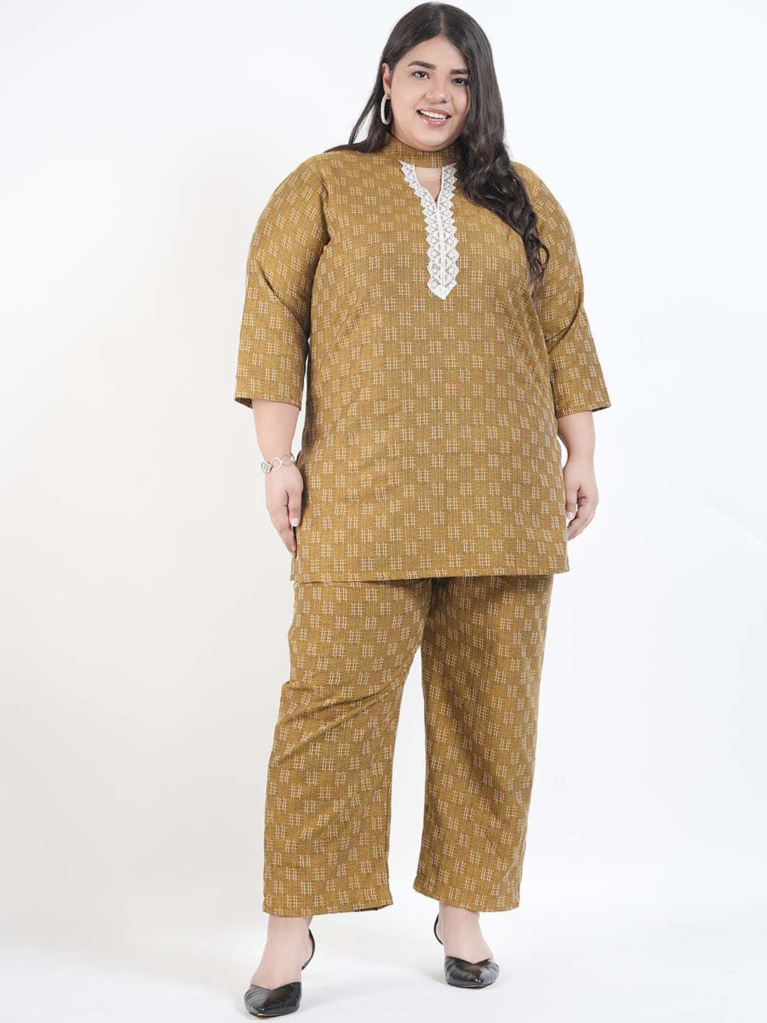 

LastInch Plus Size Woven Design Pure Cotton Top With Trousers, Mustard