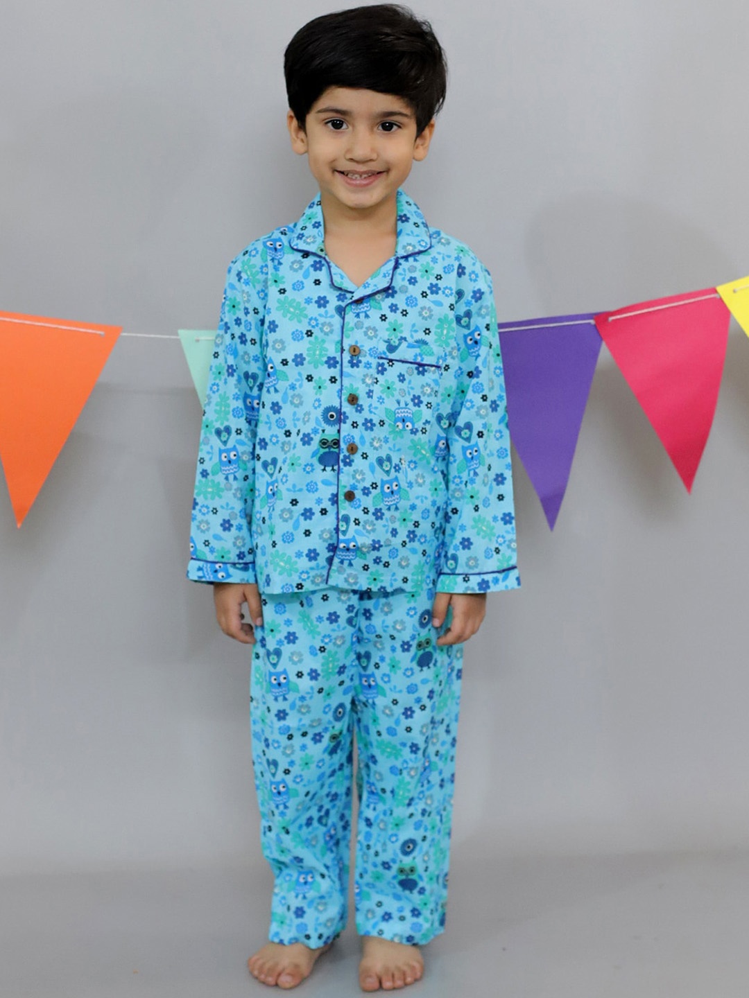 

UNBIND Boys Floral Printed Lapel Collar Pure Cotton Night suit, Turquoise blue