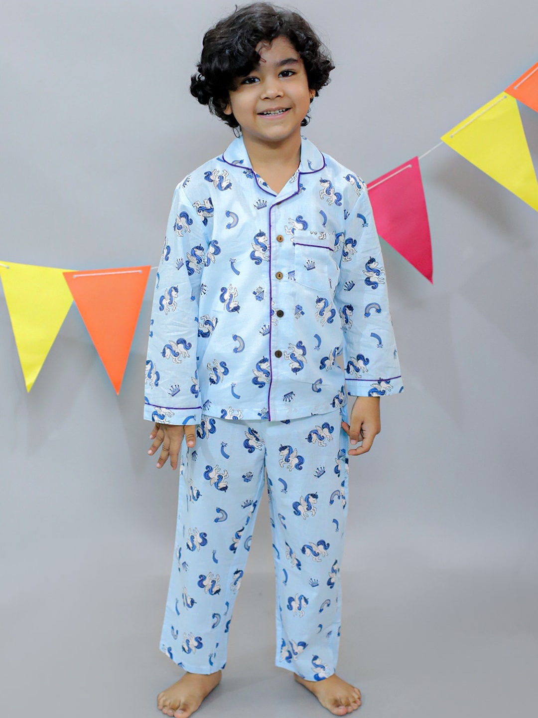 

UNBIND Boys Graphic Printed Lapel Collar Pure Cotton Night suit, Turquoise blue