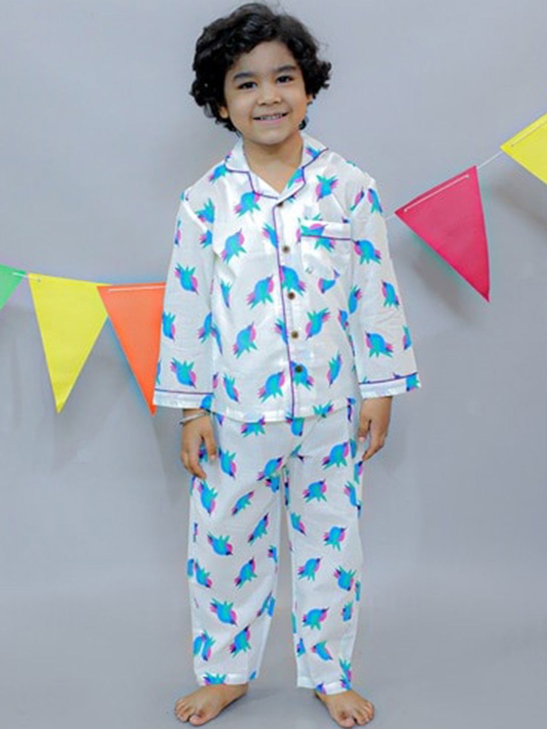 

UNBIND Boys Graphic Printed Lapel Collar Pure Cotton Night suit, White