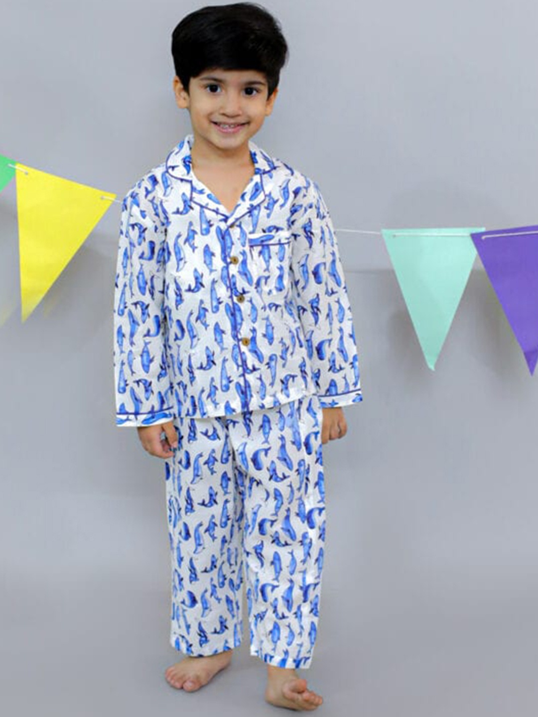 

UNBIND Boys Graphic Printed Lapel Collar Pure Cotton Night suit, White