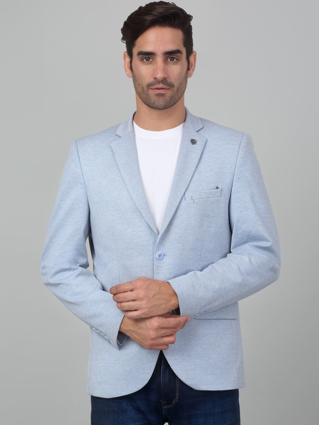 

Cantabil Self Design Notched Lapel Collar Single-Breasted Slim Fit Casual Blazer, Blue