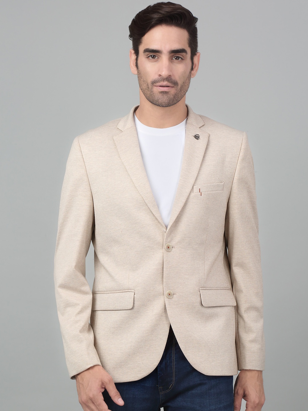 

Cantabil Self Design Notched Lapel Collar Single-Breasted Slim Fit Casual Blazer, Beige