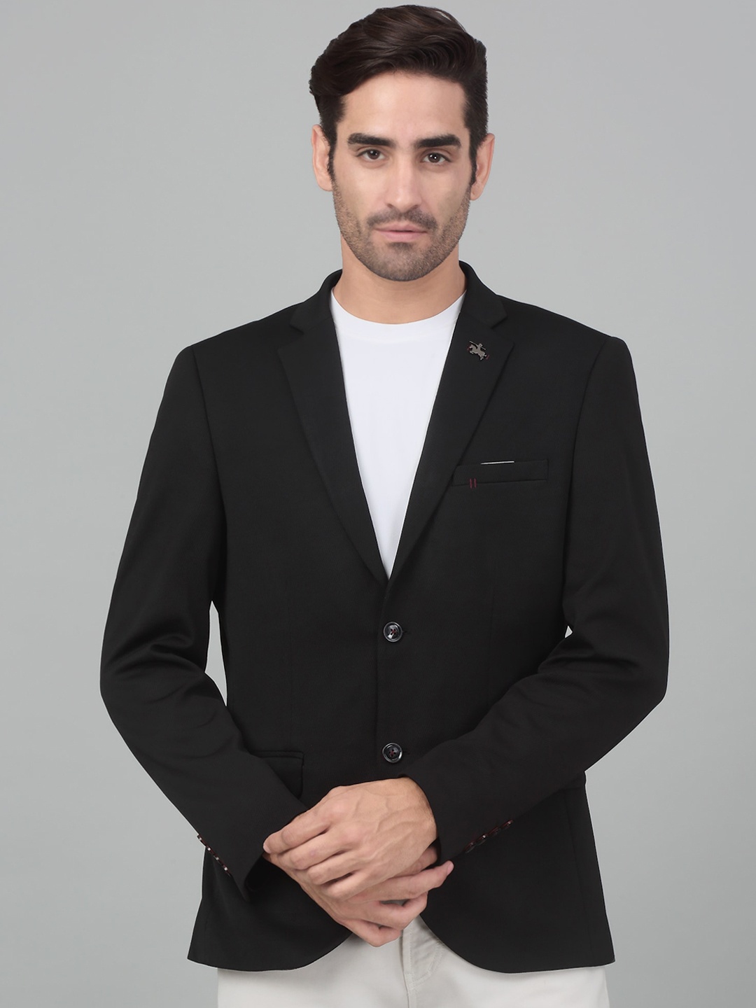 

Cantabil Self Design Notched Lapel Collar Single-Breasted Slim Fit Casual Blazer, Black