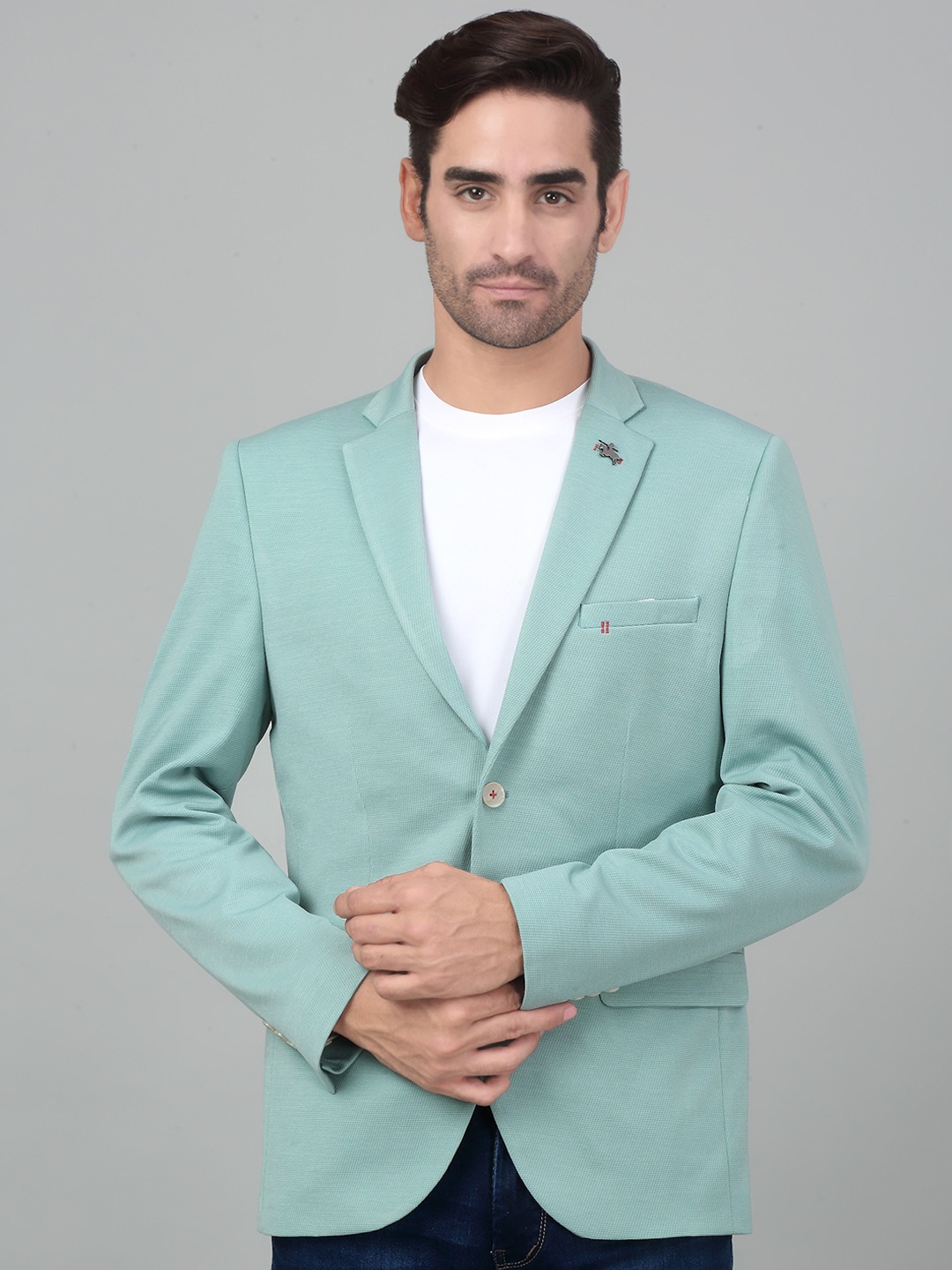 

Cantabil Self Design Notched Lapel Collar Single-Breasted Slim Fit Casual Blazer, Green