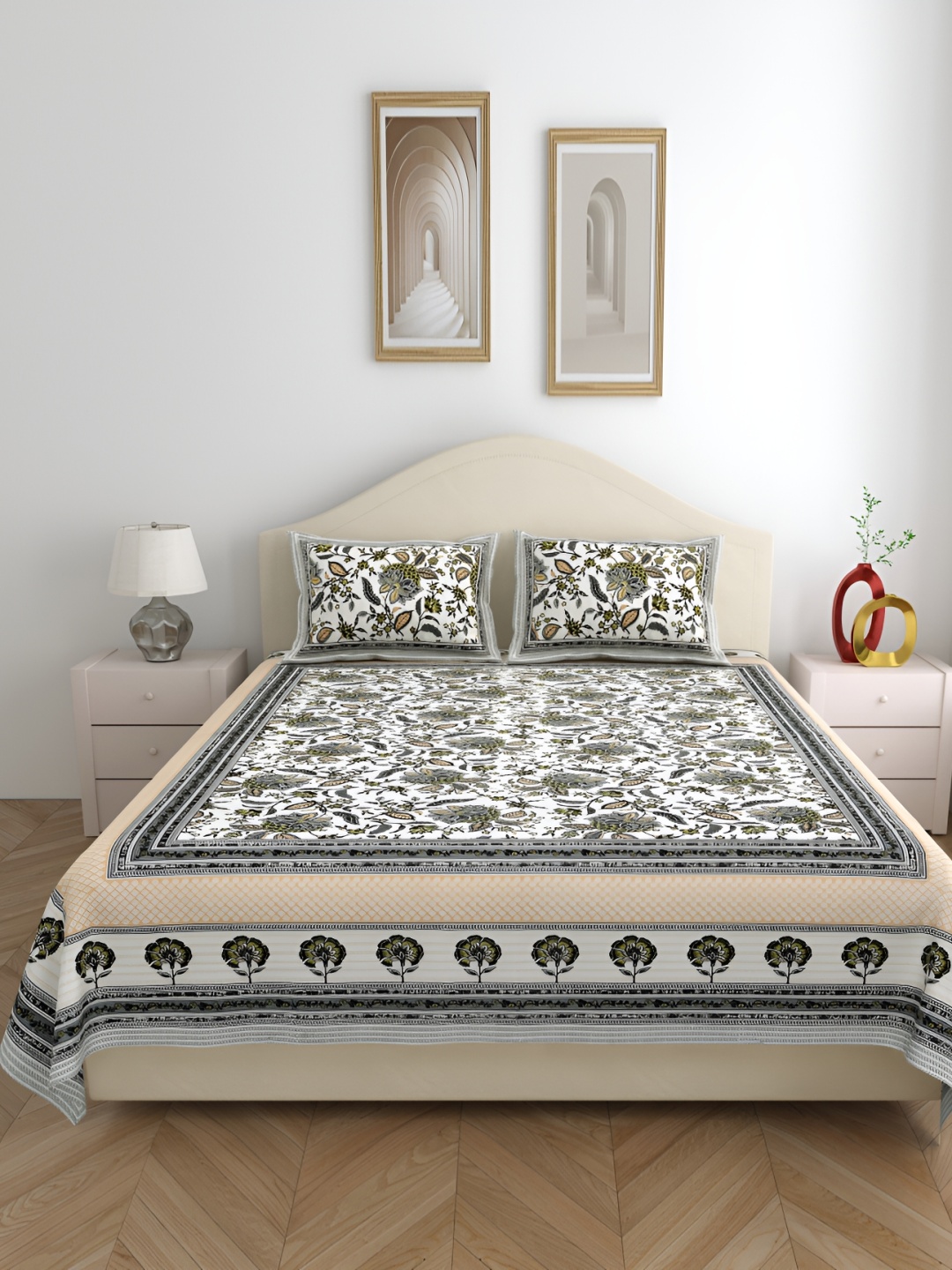 

SHOOLIN White & Grey Floral Pure Cotton Queen Bedsheet with 2 Pillow Covers