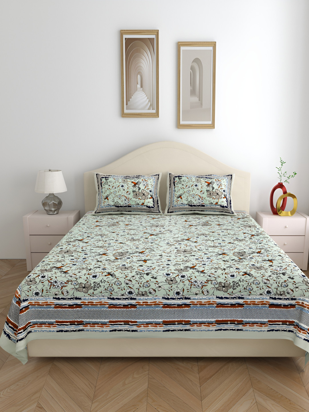 

SHOOLIN Green & Grey Floral Queen Bedsheet with 2 Pillow Covers